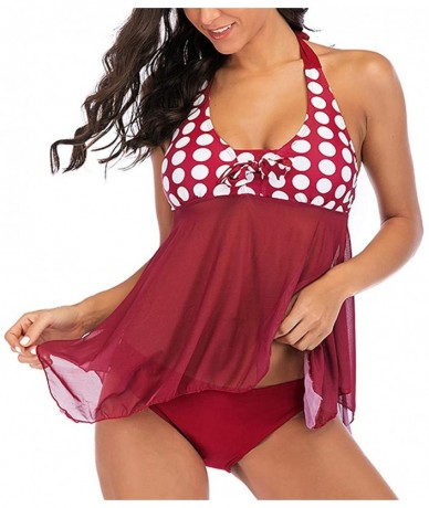 Rash Guards Women Tankini Sets with Ladies Dot Print Bikini Set Swimwear Push-Up Padded Bra - Wine Red - CL18RS5K868 $26.97