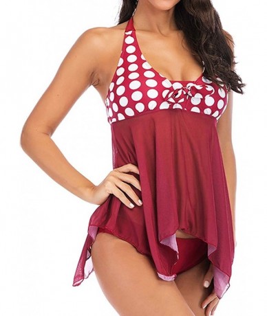 Rash Guards Women Tankini Sets with Ladies Dot Print Bikini Set Swimwear Push-Up Padded Bra - Wine Red - CL18RS5K868 $26.97