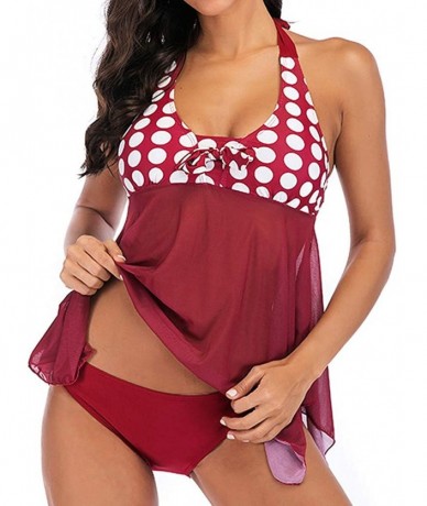 Rash Guards Women Tankini Sets with Ladies Dot Print Bikini Set Swimwear Push-Up Padded Bra - Wine Red - CL18RS5K868 $26.97