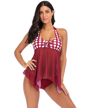 Rash Guards Women Tankini Sets with Ladies Dot Print Bikini Set Swimwear Push-Up Padded Bra - Wine Red - CL18RS5K868 $26.97