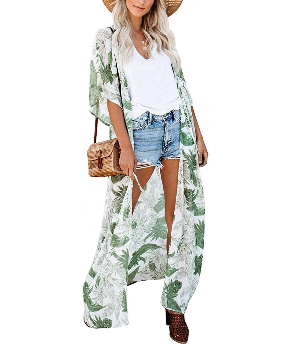 Cover-Ups Women's Summer Long Flowy Kimono Cardigans Boho Chiffon Floral Beach Cover Up Tops - F-white - C0194K7W0WE $33.34