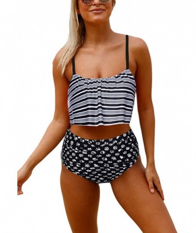 Sets 2020 Women's Ruffle Top Bikini High Waist Bottom Two-Piece Swimsuit - Black White - CK18HSA4E4D $49.02