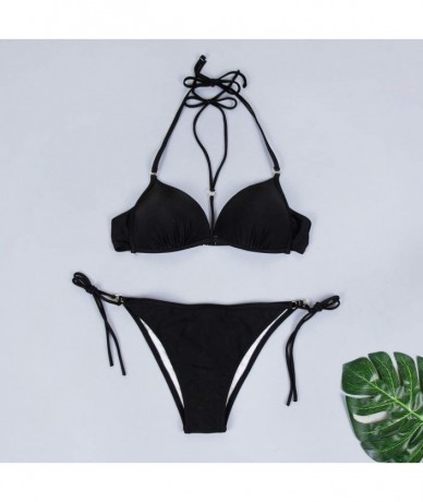 Sets Women's Sexy Braid Halter Cutout Brazilian 2PCS Bikini Sets Bandage Ring Swimsuit - Black - CG18SKYGGZI $26.36