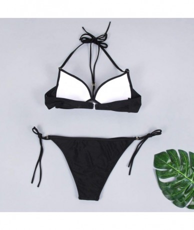 Sets Women's Sexy Braid Halter Cutout Brazilian 2PCS Bikini Sets Bandage Ring Swimsuit - Black - CG18SKYGGZI $26.36