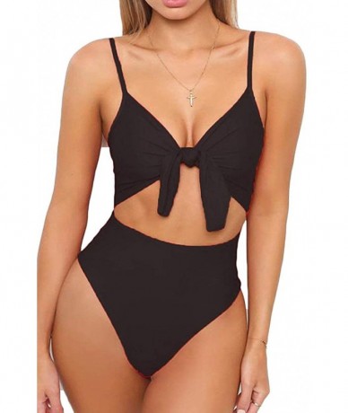 One-Pieces Women's Spaghetti Strap Tie Knot Front Cut Out High Waist One Piece Swimsuits - Black - C618NDCDTU6 $37.87