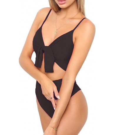 One-Pieces Women's Spaghetti Strap Tie Knot Front Cut Out High Waist One Piece Swimsuits - Black - C618NDCDTU6 $37.87