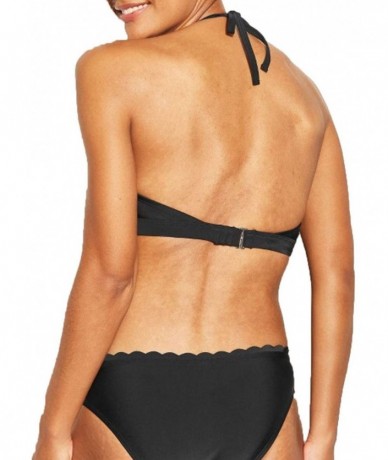 Tops Women's Scallop High Neck Keyhole Bikini Top - Black - CW1957CIHEC $39.09