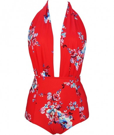 One-Pieces Retro One Piece Backless Bather Swimsuit High Waisted Pin Up Swimwear(FBA) - Garden Red - CF1807N4LIO $46.61