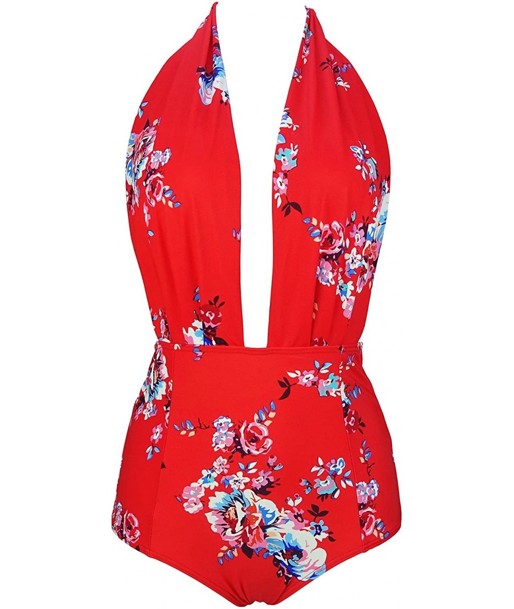 One-Pieces Retro One Piece Backless Bather Swimsuit High Waisted Pin Up Swimwear(FBA) - Garden Red - CF1807N4LIO $46.61