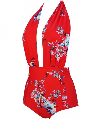 One-Pieces Retro One Piece Backless Bather Swimsuit High Waisted Pin Up Swimwear(FBA) - Garden Red - CF1807N4LIO $46.61