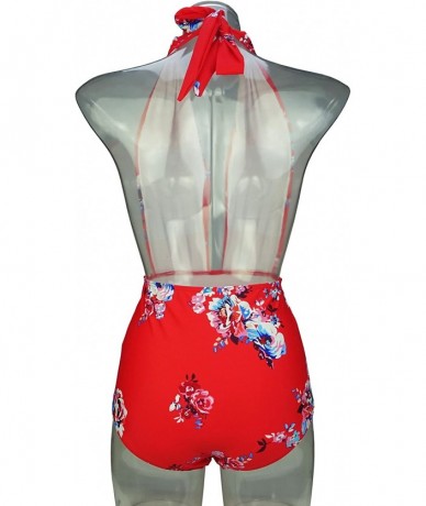 One-Pieces Retro One Piece Backless Bather Swimsuit High Waisted Pin Up Swimwear(FBA) - Garden Red - CF1807N4LIO $46.61