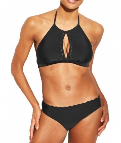 Tops Women's Scallop High Neck Keyhole Bikini Top - Black - CW1957CIHEC $39.09