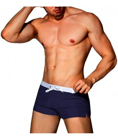 Briefs Men Swim Brief Sexy Surfing Board Shorts Beach Boxer Swimming Trunks with Pockets(Order One Size UP) - 1-navy Blue - C...