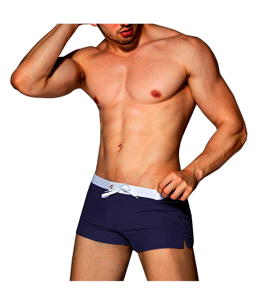 Briefs Men Swim Brief Sexy Surfing Board Shorts Beach Boxer Swimming Trunks with Pockets(Order One Size UP) - 1-navy Blue - C...