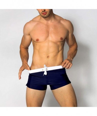 Briefs Men Swim Brief Sexy Surfing Board Shorts Beach Boxer Swimming Trunks with Pockets(Order One Size UP) - 1-navy Blue - C...