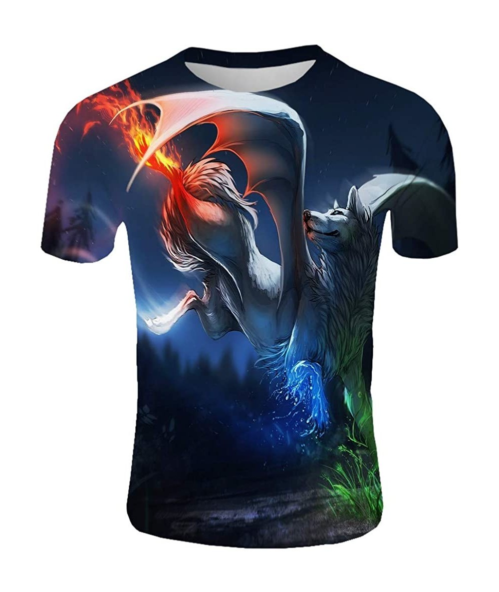 Rash Guards New Mens Summer T-Shirt with Round Neck Short Sleeve Blue Flame 3D Printed Top - Black - CP18YRZAXTU $27.44