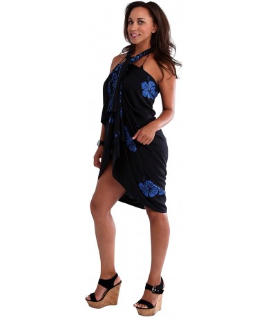 Cover-Ups Womens Plus Size Fringeless Premium Hibiscus Swimsuit Sarongs - Black/Blue - CD112BV2HWH $57.75