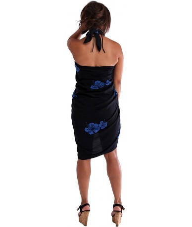 Cover-Ups Womens Plus Size Fringeless Premium Hibiscus Swimsuit Sarongs - Black/Blue - CD112BV2HWH $57.75