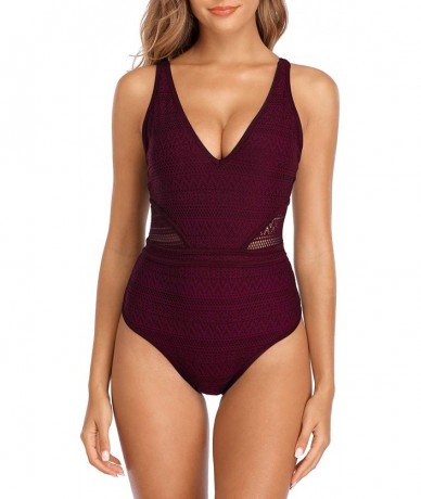 One-Pieces Women's Crochet One Piece Monokini Swimsuits Mesh Bathing Suit Swimwear - High Waist/Wine Red - CY19E7HC834 $51.81