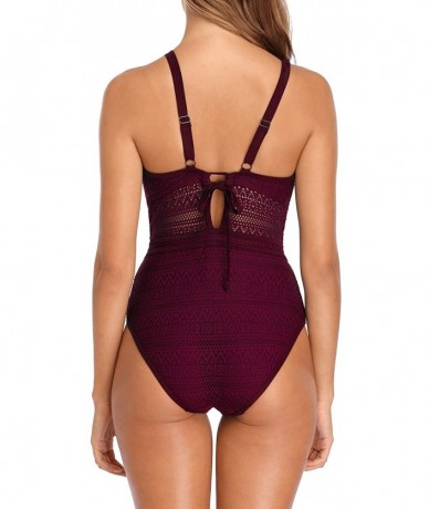 One-Pieces Women's Crochet One Piece Monokini Swimsuits Mesh Bathing Suit Swimwear - High Waist/Wine Red - CY19E7HC834 $51.81