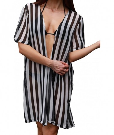 Cover-Ups Women's Chiffon Kimono Cardigan Cover Up with Half Sleeve Summer Sheer Beachwear Swimsuit for Bikini Black Stripe -...