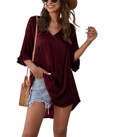 Cover-Ups Women Tunic Tops Summer Bikini Cover Up V Neck Loose Dress Beach Skirt - Wine - CB199QN05WQ $31.59