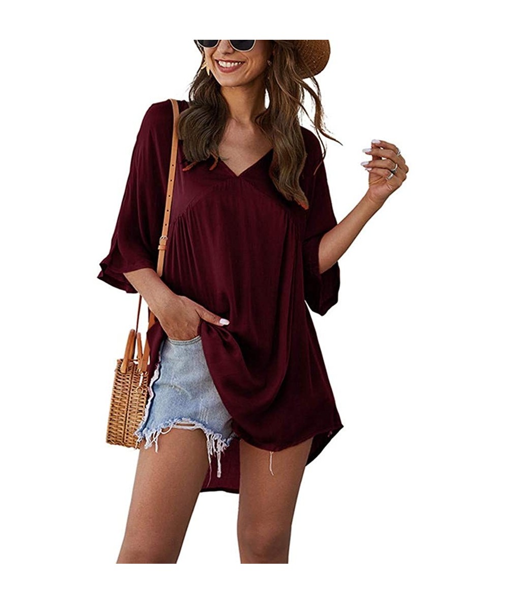 Cover-Ups Women Tunic Tops Summer Bikini Cover Up V Neck Loose Dress Beach Skirt - Wine - CB199QN05WQ $31.59