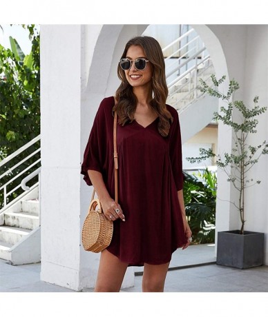 Cover-Ups Women Tunic Tops Summer Bikini Cover Up V Neck Loose Dress Beach Skirt - Wine - CB199QN05WQ $31.59