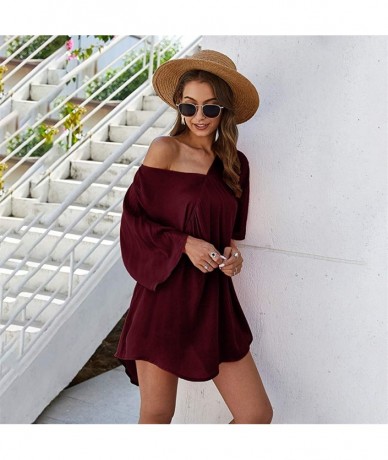 Cover-Ups Women Tunic Tops Summer Bikini Cover Up V Neck Loose Dress Beach Skirt - Wine - CB199QN05WQ $31.59