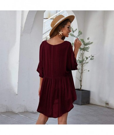 Cover-Ups Women Tunic Tops Summer Bikini Cover Up V Neck Loose Dress Beach Skirt - Wine - CB199QN05WQ $31.59