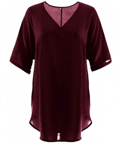 Cover-Ups Women Tunic Tops Summer Bikini Cover Up V Neck Loose Dress Beach Skirt - Wine - CB199QN05WQ $31.59