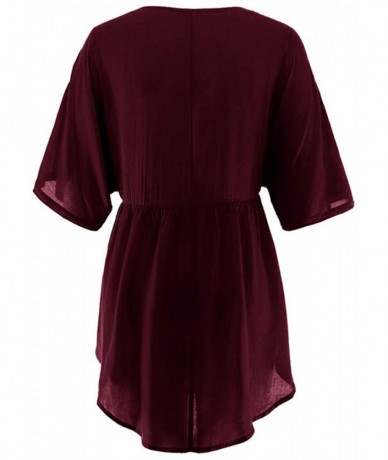 Cover-Ups Women Tunic Tops Summer Bikini Cover Up V Neck Loose Dress Beach Skirt - Wine - CB199QN05WQ $31.59