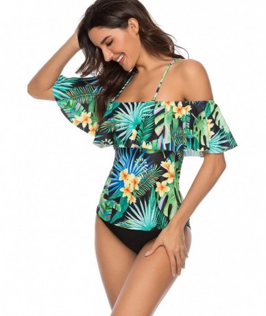 Sets Womens Two Piece Off Shoulder Ruffled Flounce Bathing Suit Printed Tankini Boyshort - Green - CC18Q7AR6H5 $44.58