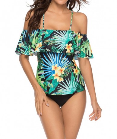 Sets Womens Two Piece Off Shoulder Ruffled Flounce Bathing Suit Printed Tankini Boyshort - Green - CC18Q7AR6H5 $44.58