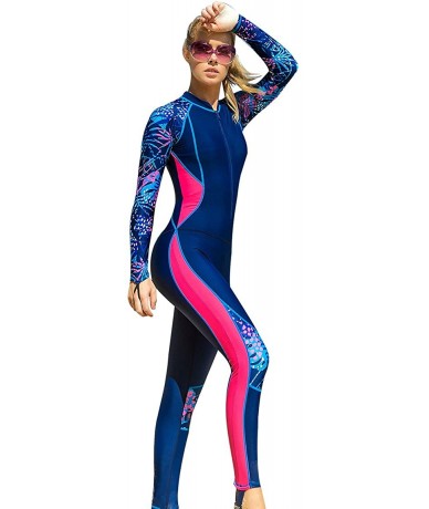 Racing Women's Full Body Swimsuit Rash Guard One Piece Long Sleeve Long Leg Swimwear with UV Sun Protection - Navy-3 - CG18GX...