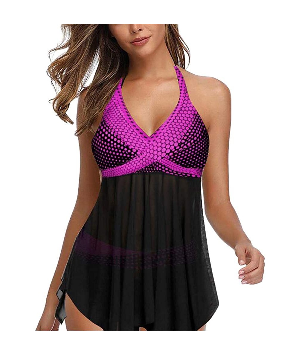 Tankinis Padded Swimwear Women Plus Size Print Tankini Swimjupmsuit Swimsuit Beachwear Hem Perspective - Purple - CR19490NHLW...