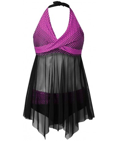 Tankinis Padded Swimwear Women Plus Size Print Tankini Swimjupmsuit Swimsuit Beachwear Hem Perspective - Purple - CR19490NHLW...