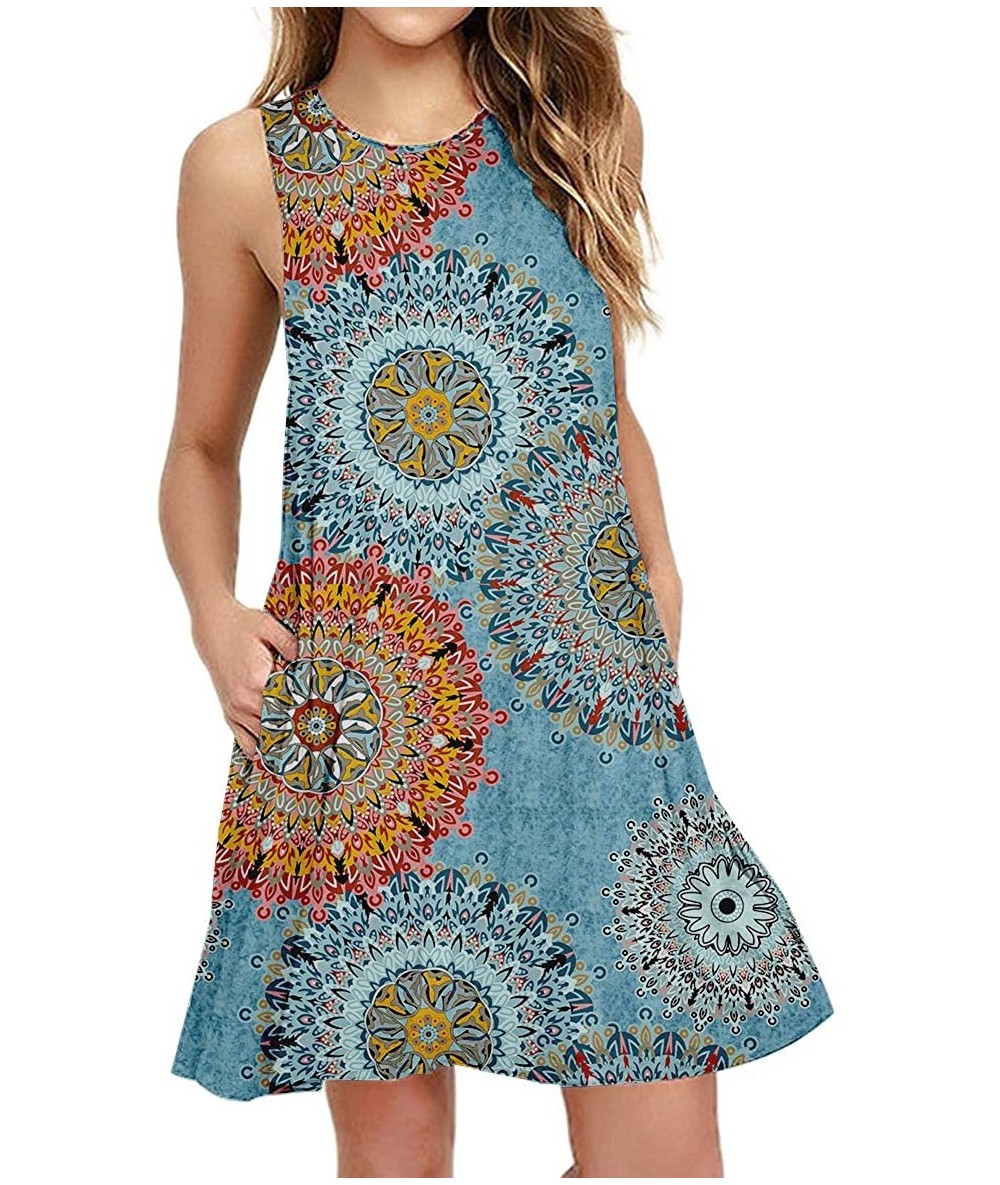 Cover-Ups Women's Summer Casual Swing T-Shirt Dresses Beach Cover up with Pockets - Floral Mix Blue - C718NGW3MMG $46.87