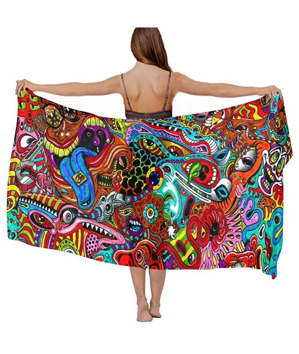 Cover-Ups Women Chiffon Scarf Sunscreen Shawl Wrap Swimsuit Cover Up Beach Sarongs - Psychedelic Monster Floral - CG19C4D6O7Z...