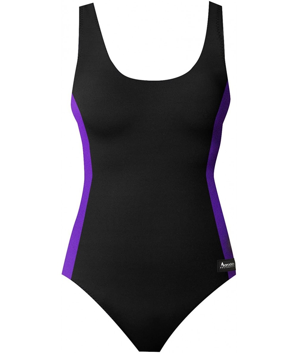 Racing Polypropylene Women's One Piece Swim Suit- Black with Color Side Stripes - Black/Purple - CG114UX6GTT $80.69