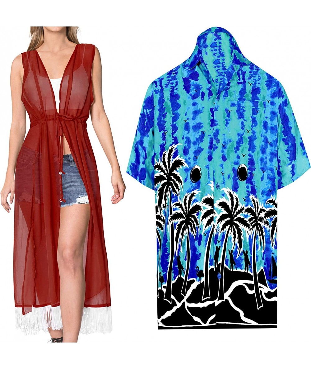 Cover-Ups Men's Pool Palm Tree Button Down Short Sleeve Hawaiian Shirt Women Casual Dress Maxi Kimono Cardigan Work from Home...