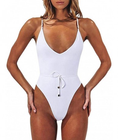 One-Pieces Women Sexy One Piece Swimsuit Solid Color Swimwear Spaghetti Monokini High Cut Tie Knot Bikini Bathing Suit White ...