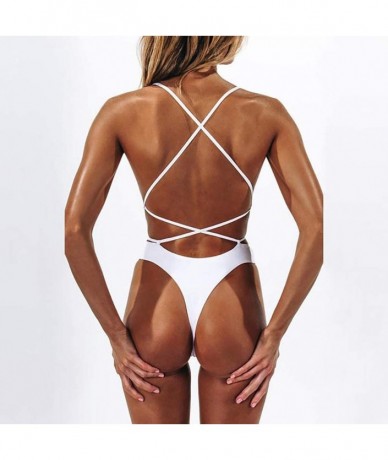 One-Pieces Women Sexy One Piece Swimsuit Solid Color Swimwear Spaghetti Monokini High Cut Tie Knot Bikini Bathing Suit White ...