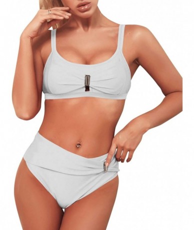 Sets Womens Scoop Neck Straps High Waisted Bikini Metal Buckle Cutout Two Piece Swimsuit - White - CX193AAEXNS $32.82