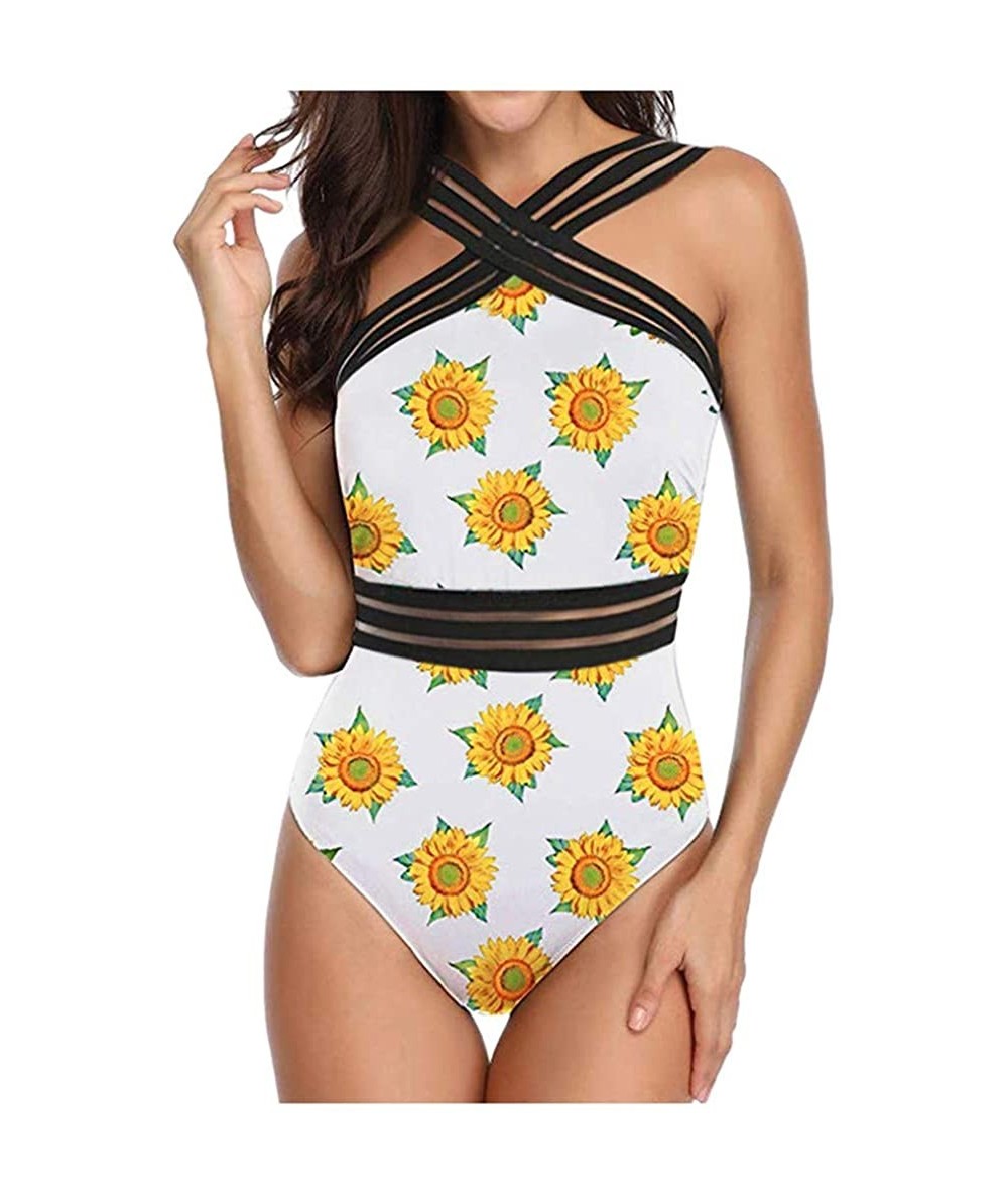 One-Pieces Women's Mesh Printed Swimjupmsuit Sexy One Piece Perspective Bikini Push Up Pad Swimwear Swimsuit Beachwear Yellow...