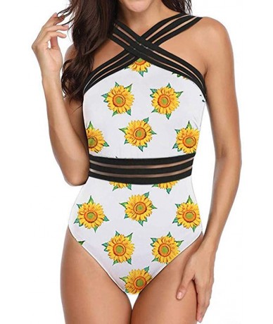 One-Pieces Women's Mesh Printed Swimjupmsuit Sexy One Piece Perspective Bikini Push Up Pad Swimwear Swimsuit Beachwear Yellow...