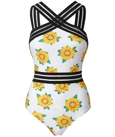 One-Pieces Women's Mesh Printed Swimjupmsuit Sexy One Piece Perspective Bikini Push Up Pad Swimwear Swimsuit Beachwear Yellow...