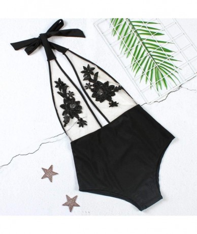 One-Pieces Women Sexy One-Piece Bikini Rose Embroidery Patchwork Mesh Swimwear Beachwear - Black - CI199UNQIA9 $21.31