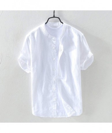 Rash Guards Cotton Linen Tops for Men Baggy Solid Short Sleeve Button Down Retro T Shirts - White - CQ18WYRG9Z8 $29.67