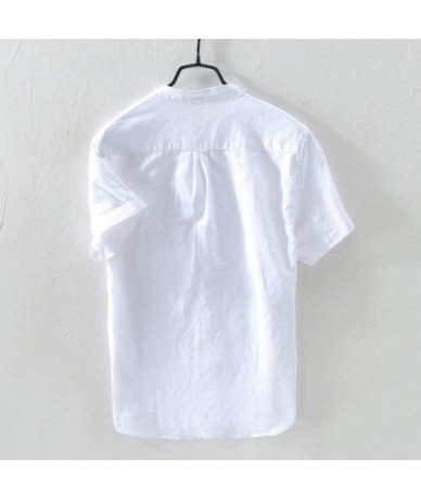 Rash Guards Cotton Linen Tops for Men Baggy Solid Short Sleeve Button Down Retro T Shirts - White - CQ18WYRG9Z8 $29.67